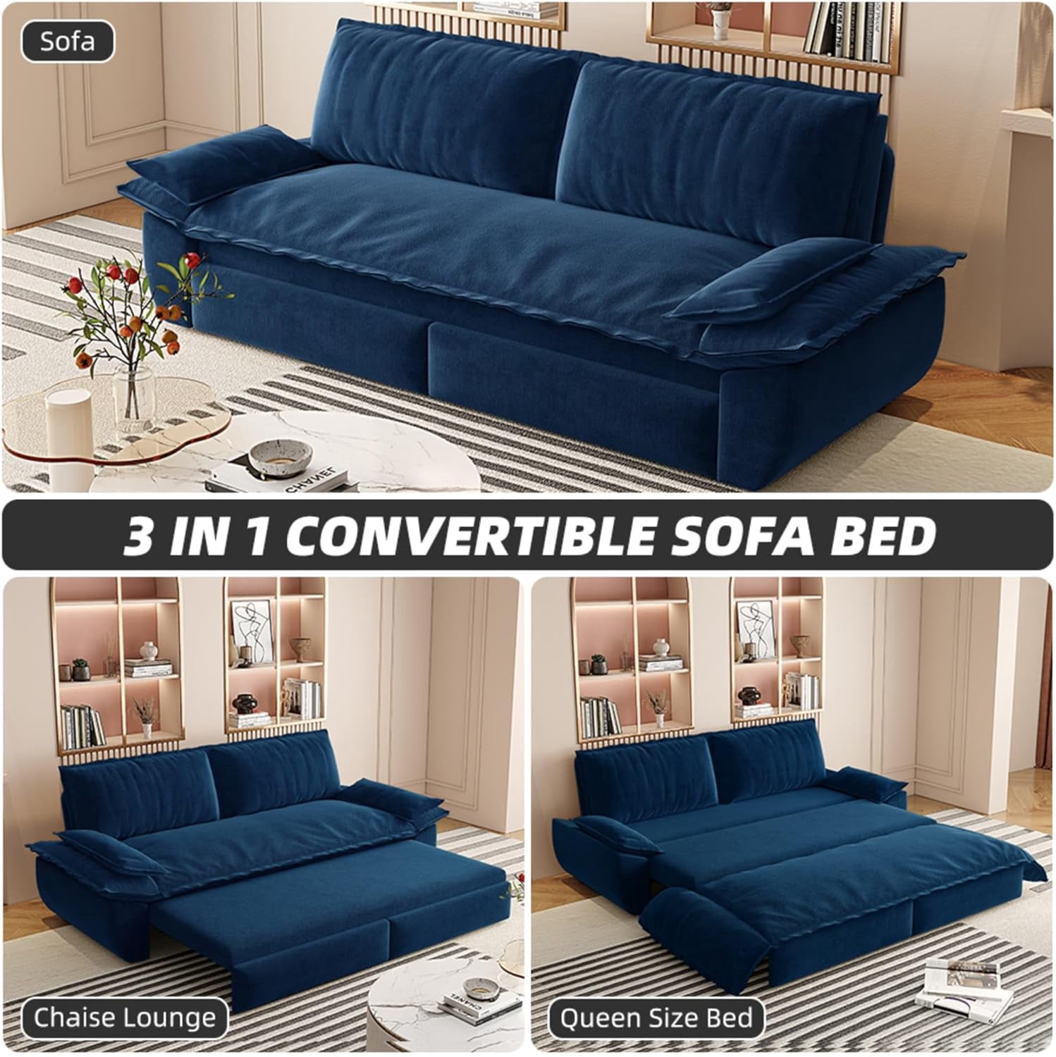 73.2" Futon Sofa Bed Queen Size, Pull Out Bed, 3-in-1 Convertible Sleeper Sofa with 2 Soft Pillows, Modern Velvet Futon Couch for Living Room, Small Space, Apartment, Bedroom, Blue