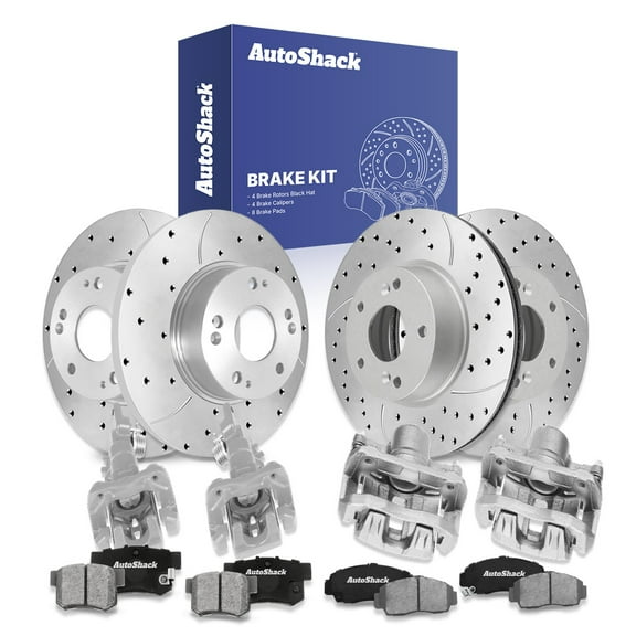 AutoShack Front Vented & Rear Solid Drilled & Slotted Silver Zinc Coated Brake Rotors   Ceramic Pads   Calipers 16-PC Brake Kit Replacement for 2003-2007 Honda Accord SilverShield Pro