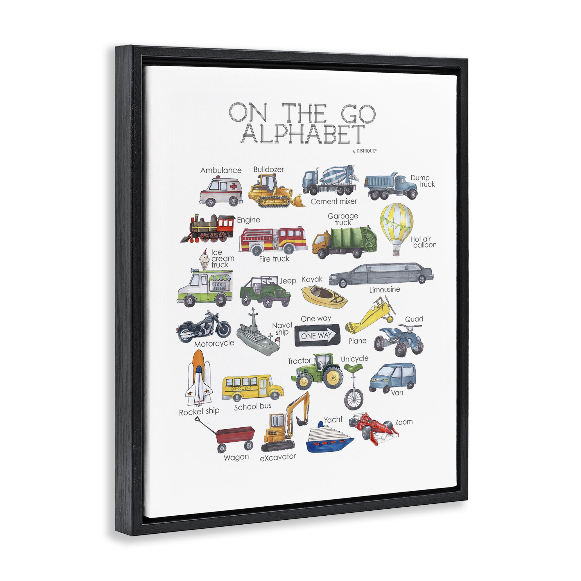 Stupell Industries On The Go Transportation Alphabet Art for Kids Painting Black Floater Framed Canvas Art Print Wall Art, 17 x 21