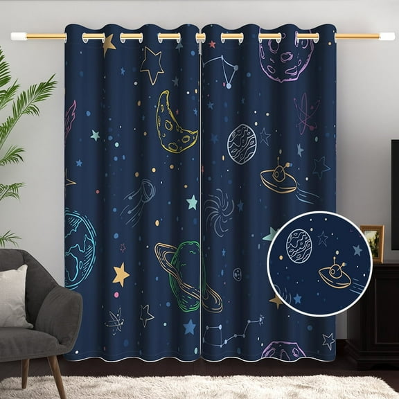 Lfeey Cosmic Planet for Kids Bedroom Blackout Curtains, Metal Grommet Curtains, Blue, 2 Panels, 42x63 inch