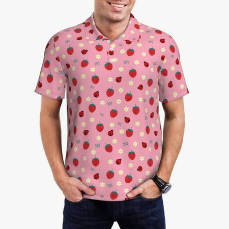 Goofa Strawberry and Ladybugs Print Mens Polo Shirts Quick Dry Short Sleeve Golf T Shirt Performance Moisture Wicking Casual Workout-Medium