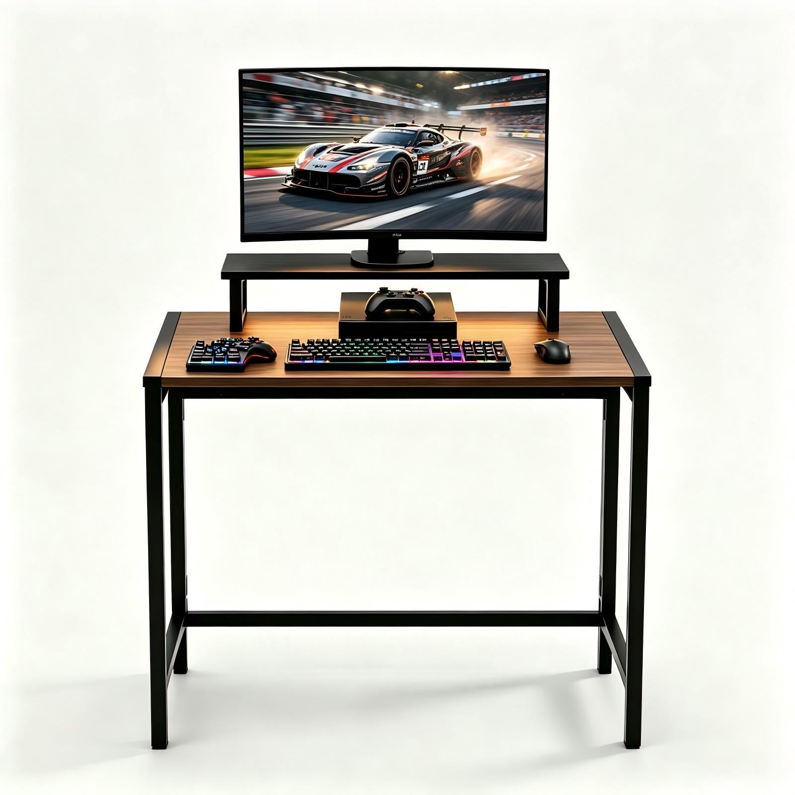 Astoutdoor Gaming Desk with Desktop Shelf and Lighting, Foldable Computer Desk, Black, 31.5 in