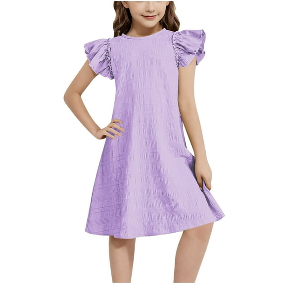 CYRBOKO Girls Summer Dresses, A-line Casual Birthday Flutter Sleeve Midi Dresses Purple Size 8-9T