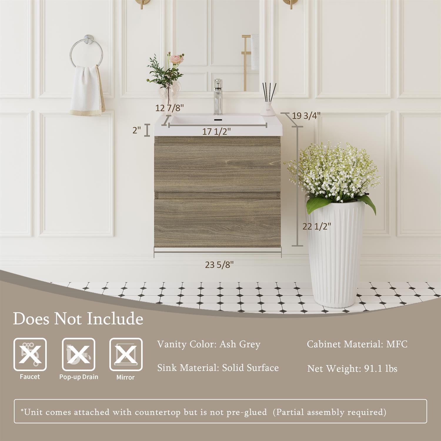 Demi Bonn 24" Floating Bathroom Vanity with Sink, Resin Top Basin and 2 Soft Close Drawers, Faucets and Drains Not Included, Gray