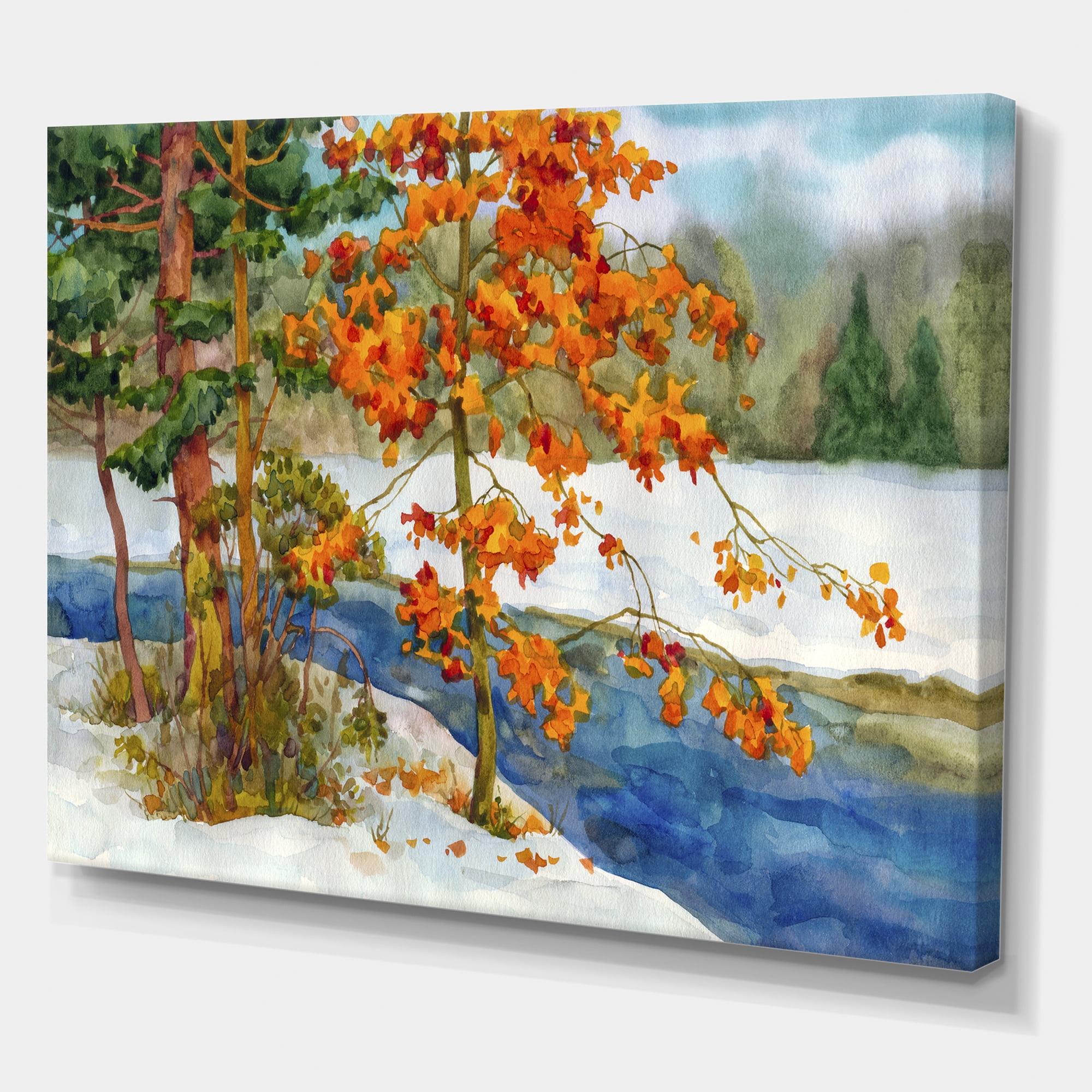 Designart ' Stream Through The Winter Forest I ' Lake House Canvas Wall Art Print