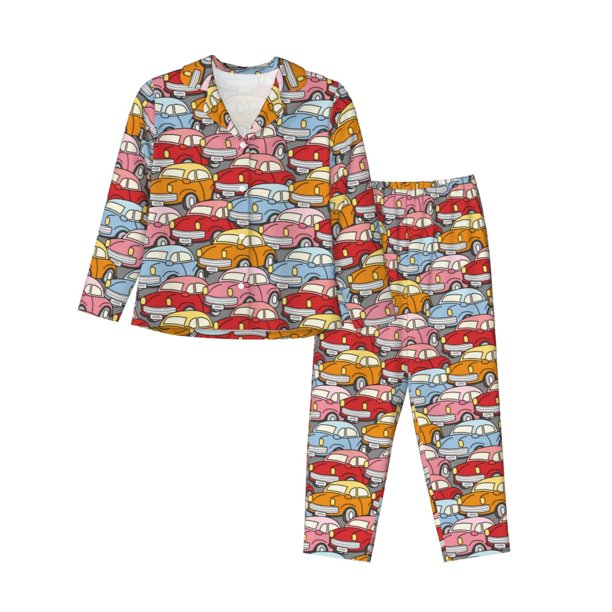 Fotbe Cute Cars Conjunto de Pijama de Manga Larga para Mujer con Estampado, Ropa de Dormir de 2 Piezas, Conjunto de Casa Suave y Cómodo con Bolsillos-Small