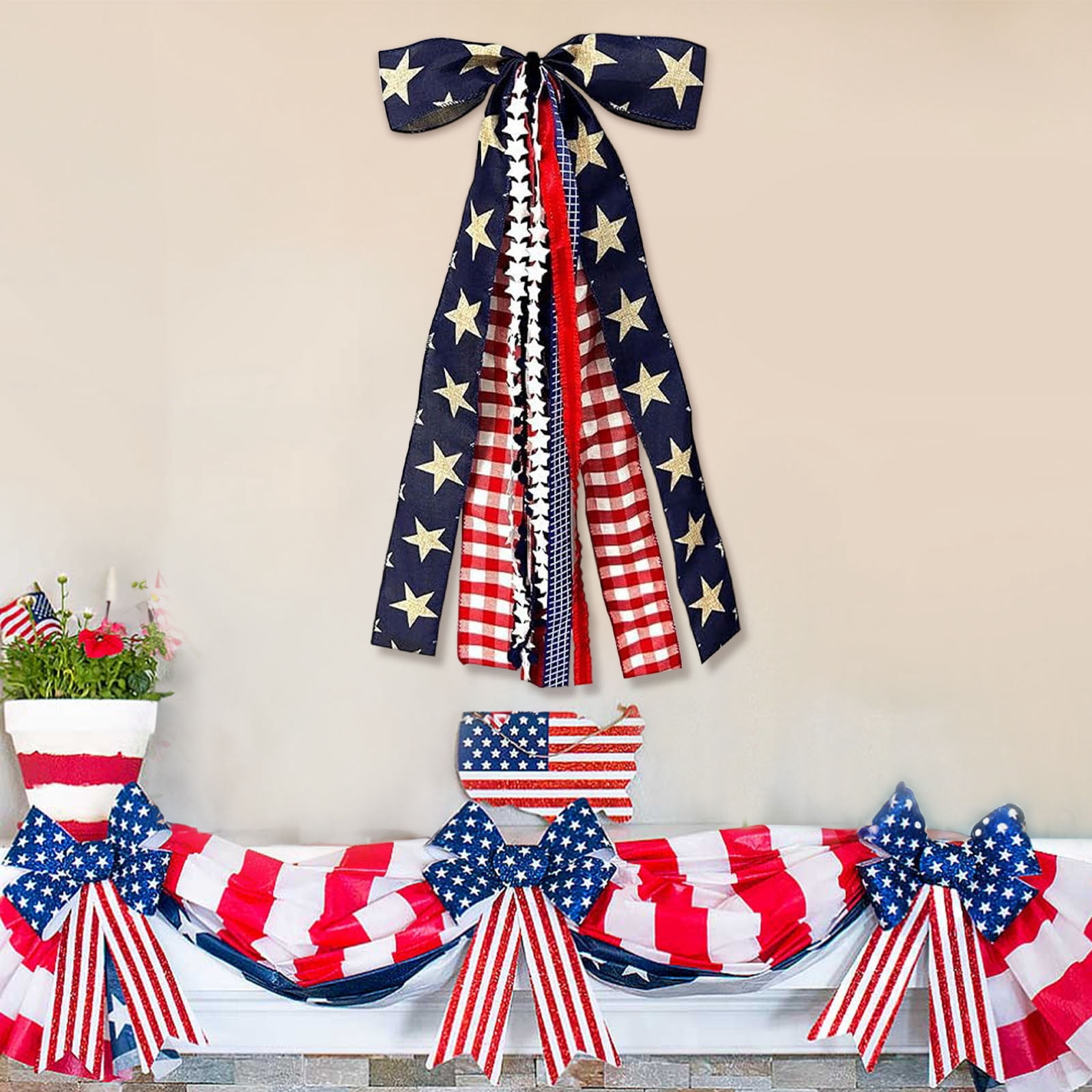 Seyotauo Large Patriotic Ribbon Bow, 4th of July Red White and Blue Bows Clip-On Star Sash Patriotic Wreaths for Front Door Indoor Outdoor Memorial Day Decoration, for Patriotic Indoor Outdoor Decor