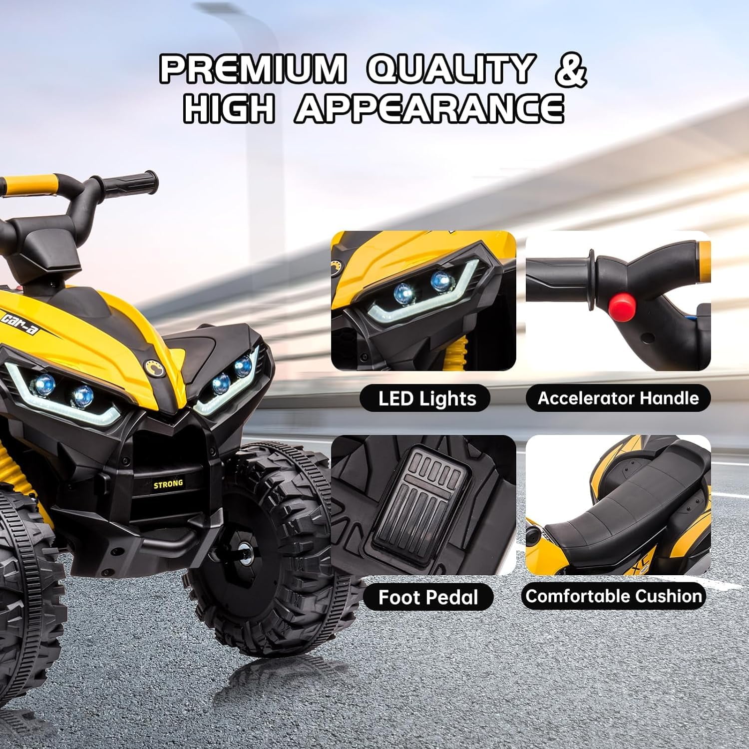 Riedhoff 12V Kids Ride-On ATV, Battery-Powered, LED Lights,High/Low Speed,USB,Treaded Tires,Yellow