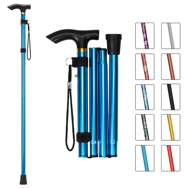 Bastón plegable MFE, portátil, ajustable en 5 niveles de altura, con diseño plegable, correa de muñeca y mango en T para hombres y mujeres, azul