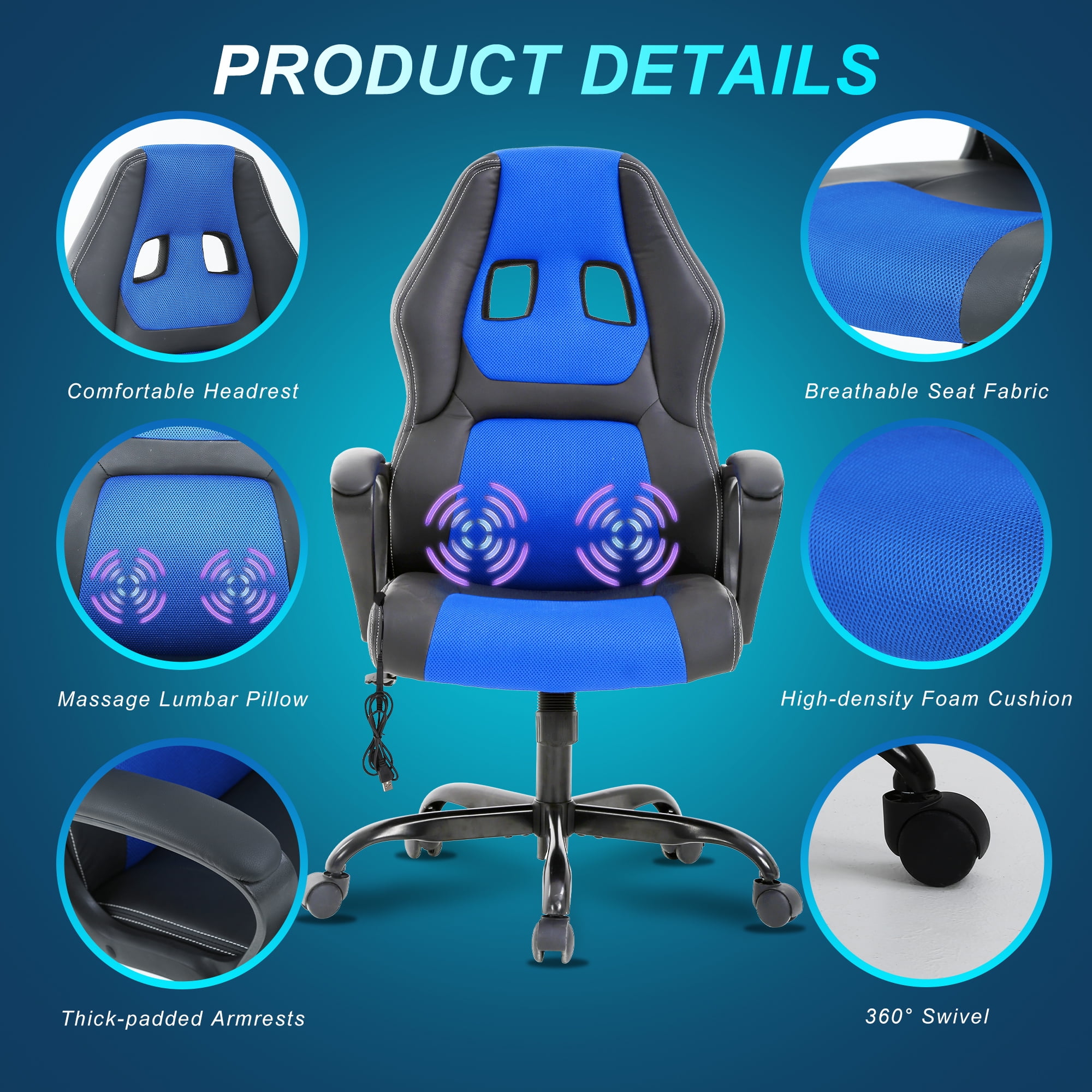 YRLLENSDAN Massage Gaming Chair Video Game for Adults, PU Leather Computer Chair with Arms & Massaging Back Ergonomic High-Back Video Game Chair for Men Women, Blue
