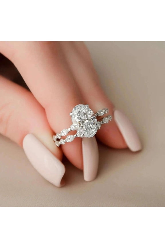925 Sterling Silver Wedding Bridal Set Ring Oval Cut Engagement Anniversary Ring for Women Hidden Halo Moissanite Diamond Stackable Bridal Jewelry