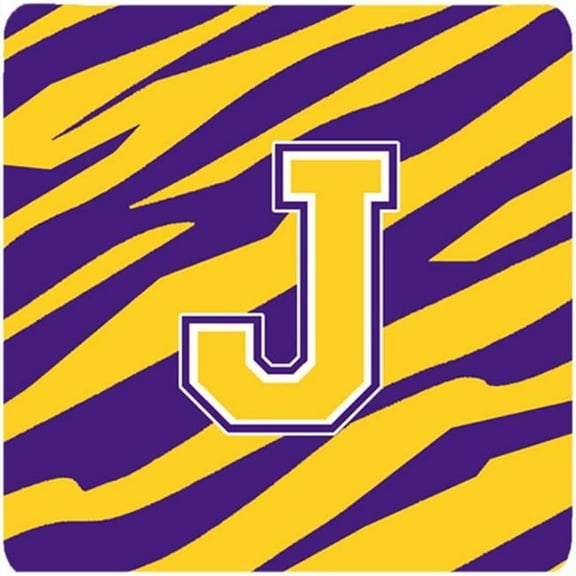 Monogram - Initial J Tiger Stripe - Purple Gold Foam Coasters, Set - 4
