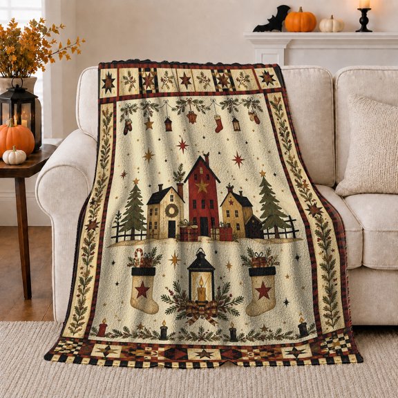 Rustic Village Christmas Scene Wrapped Presents, Festive Holiday Scene, Warm Flannel Blanket for Ranch House and Living Room, Art Lovers Christmas Gift, Festive Home Decor