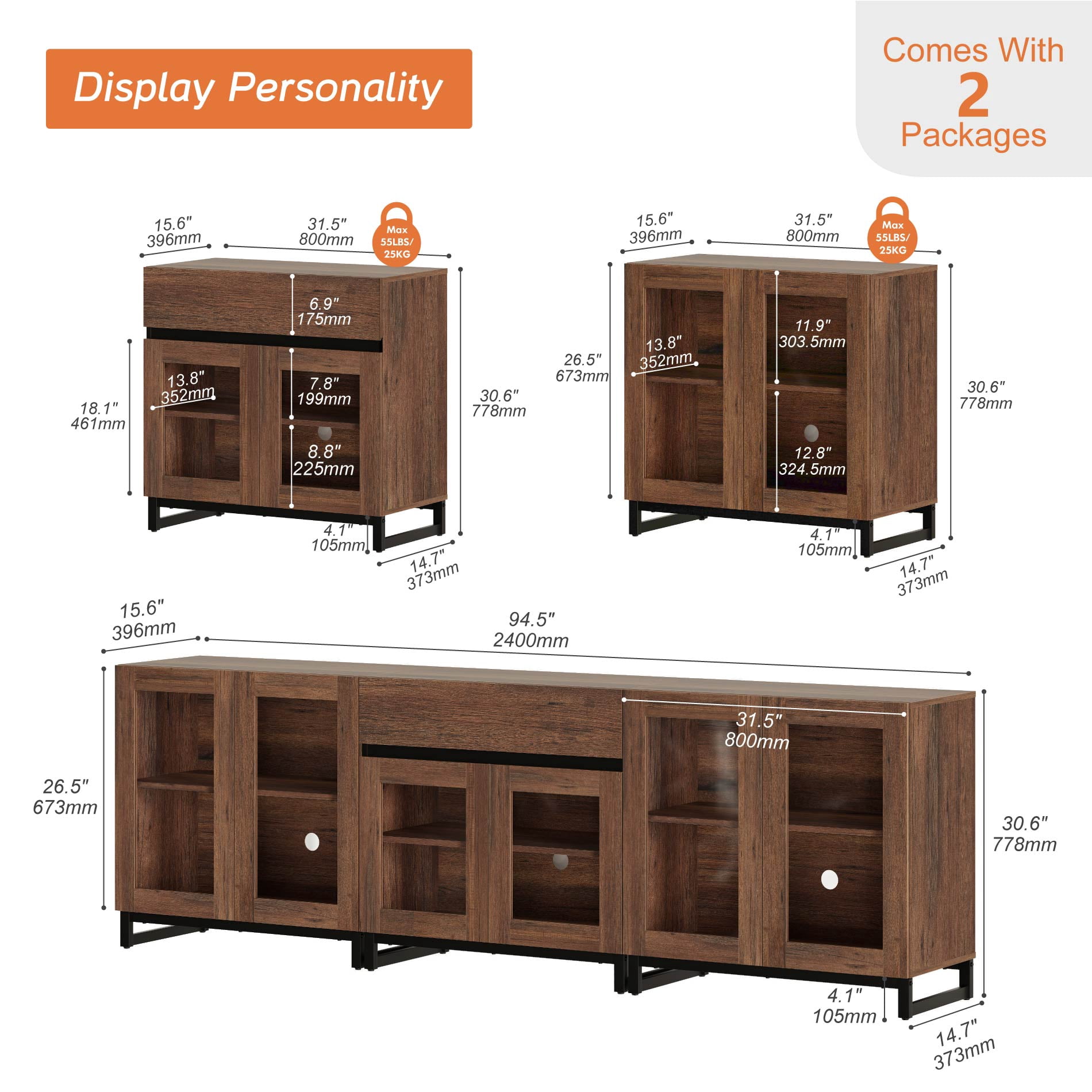 WAMPAT 3-in-1 Multifunctional Modern Sideboard Buffet with Glass Doors and Drawers, Adjustable Shelf & Metal Base for Coffee Bar & Storage Credenza