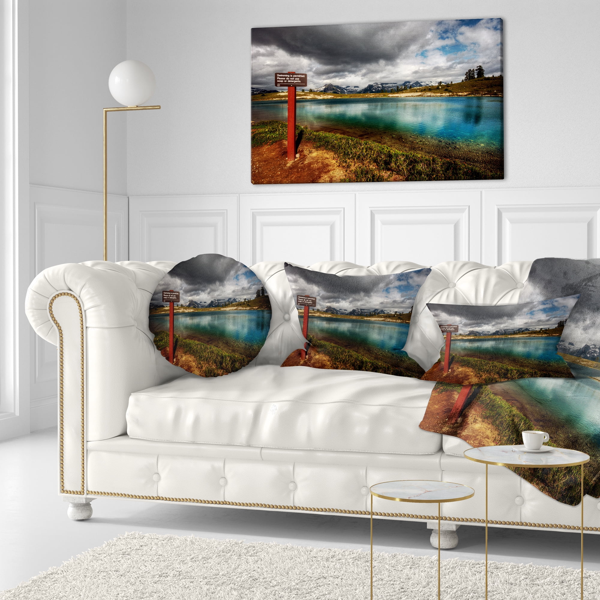 Designart Azure Mountain Lake with Clouds - Landscape Printed Throw Pillow - 12x20