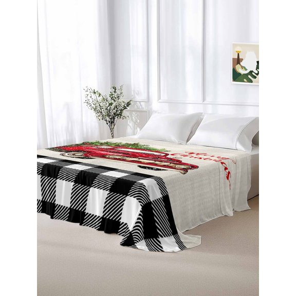 California King Size Flat Sheet Only,Vintage Christmas Tree on Truck Soft Top Bed Sheets Breathable Bedding Sheet Black White Plaid Microfiber Hotel Luxury Top Sheets