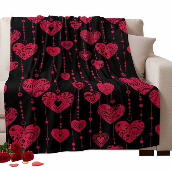 Valentine's Day Fleece Throw Blanket Lightweight Abstract Boho Pink Falling Loves Sweet Heart Black Fuzzy Flannel Throws Super Soft Cozy Flannel Blanket for Couch, Sofa, Bed, Travel 50"x80"