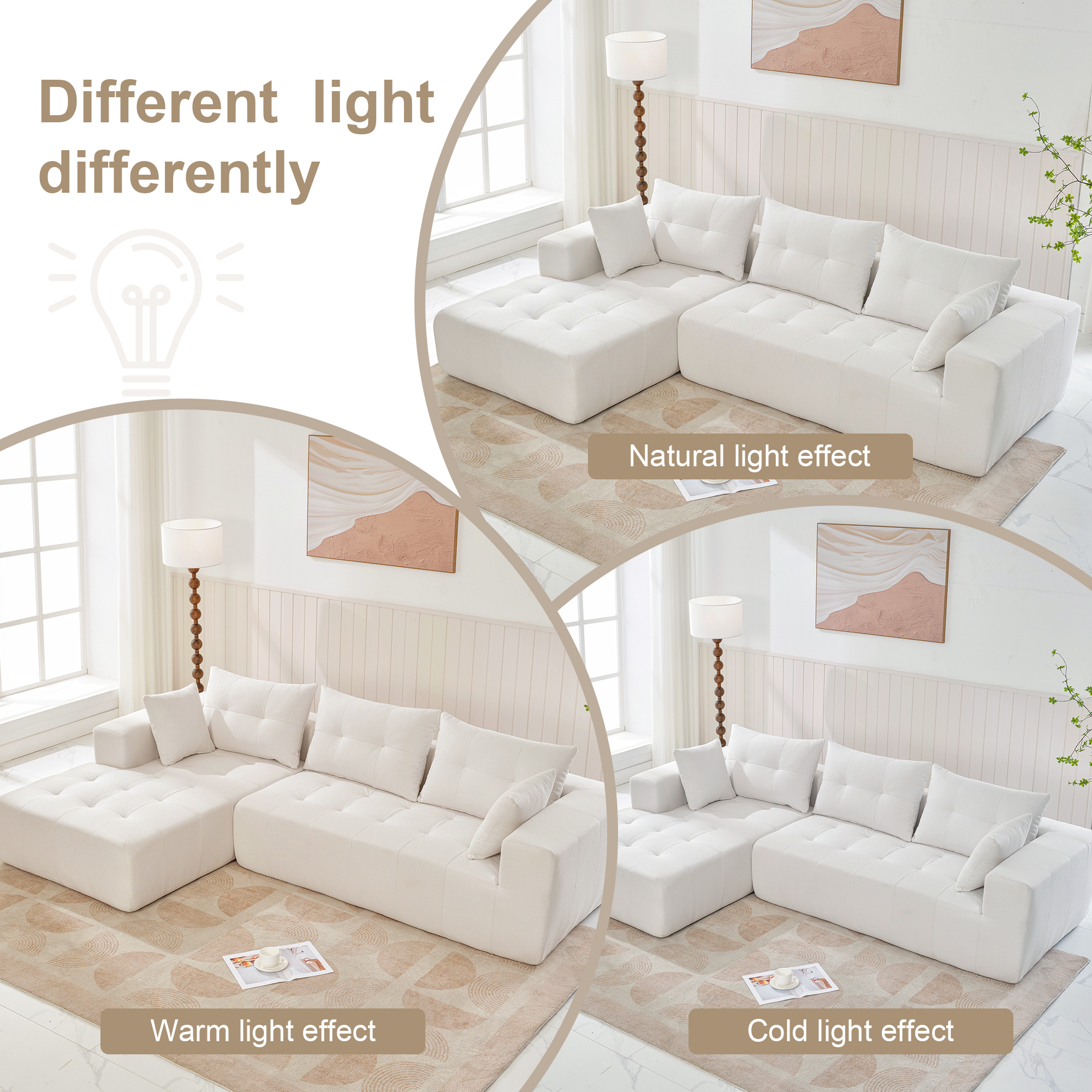 DEALTOPS Upholstered Sectional Sofa, Modern Convertible Modular Sofa Set, 110" L Shaped Sofa Couch, 2 Pieces Living Room Furniture Set, White