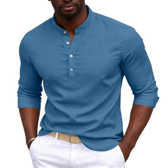 Floleo Men Mandarin Collar 4 Button Half Placket Shirt, Mens Solid Roll Up Long Sleeve Regular Fit Pullover Top, Breathable Lightweight Spring Summer Smart Casual Blouse (Blue,M)