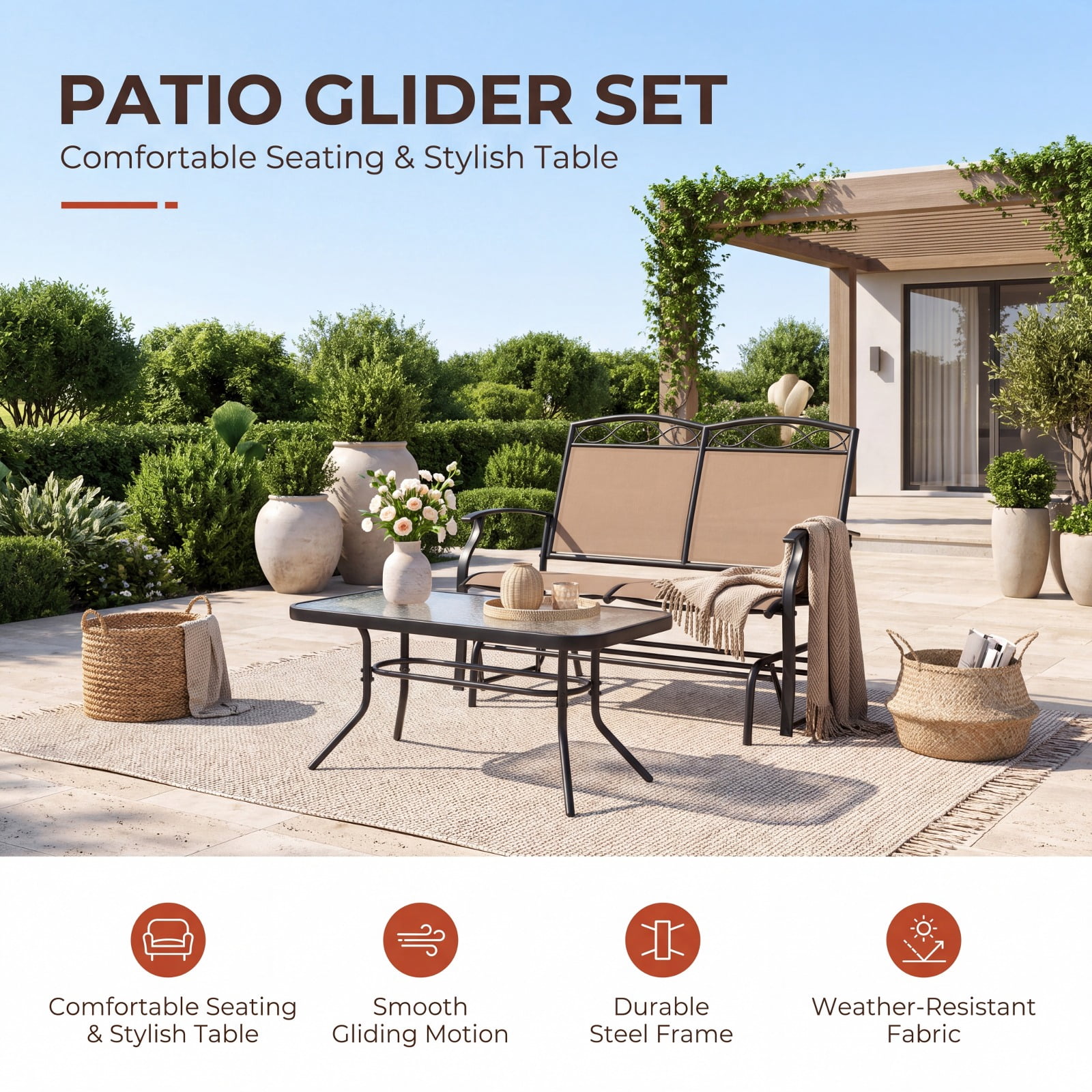 Furnibear 2 Piece Outdoor Gliding Loveseat Chair with Tempered Glass Coffee Table for Patio Backyard Porch and Poolside, Brown