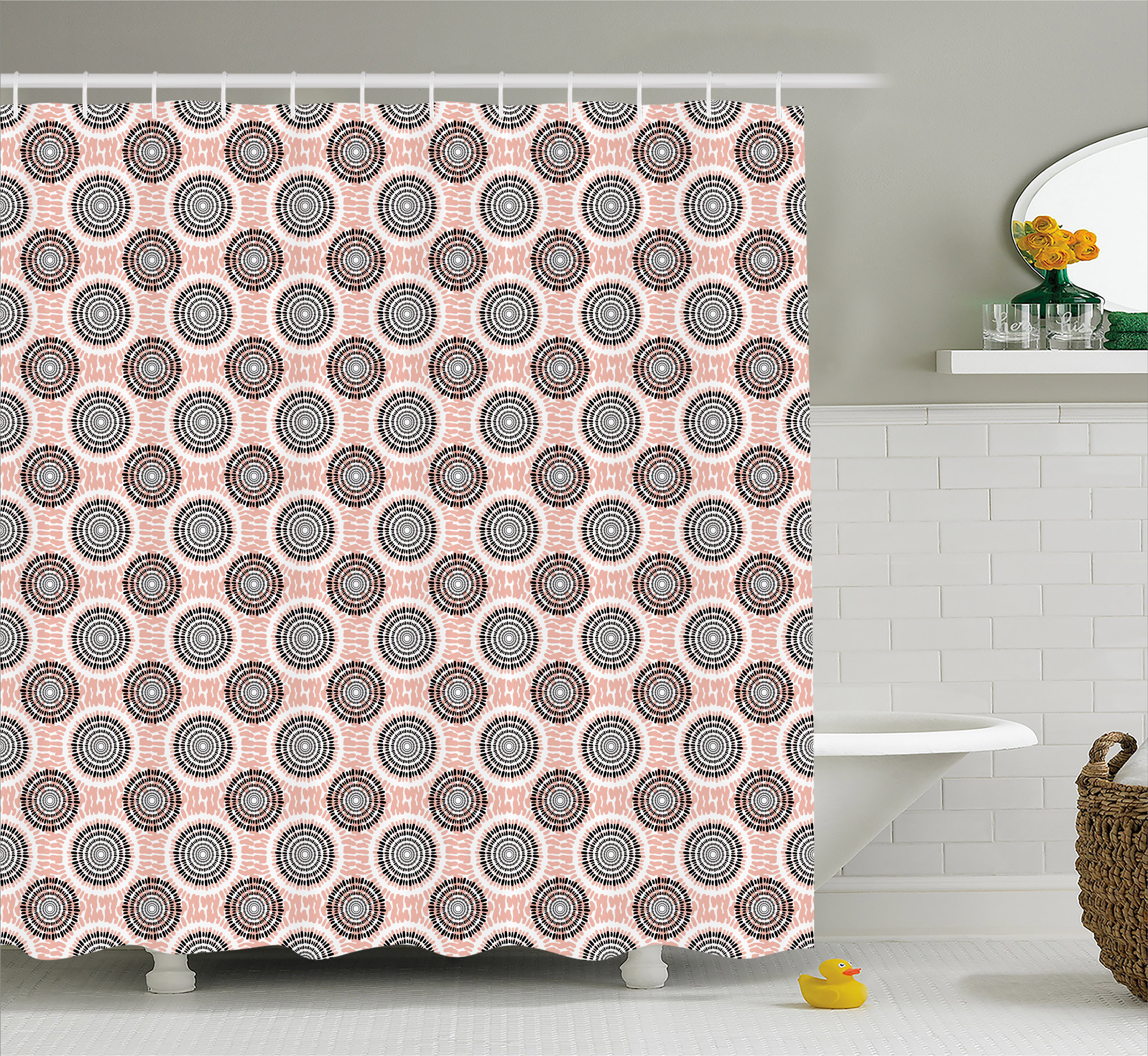 Peach Shower Curtain, Symmetrical Circular Shapes Pattern Abstract