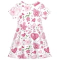thumbnail image 2 of Pink Flower Heart Pattern Girls Short Sleeve Dress A Line Sun Protection Breathable Comfort Sundress 2T, 2 of 8