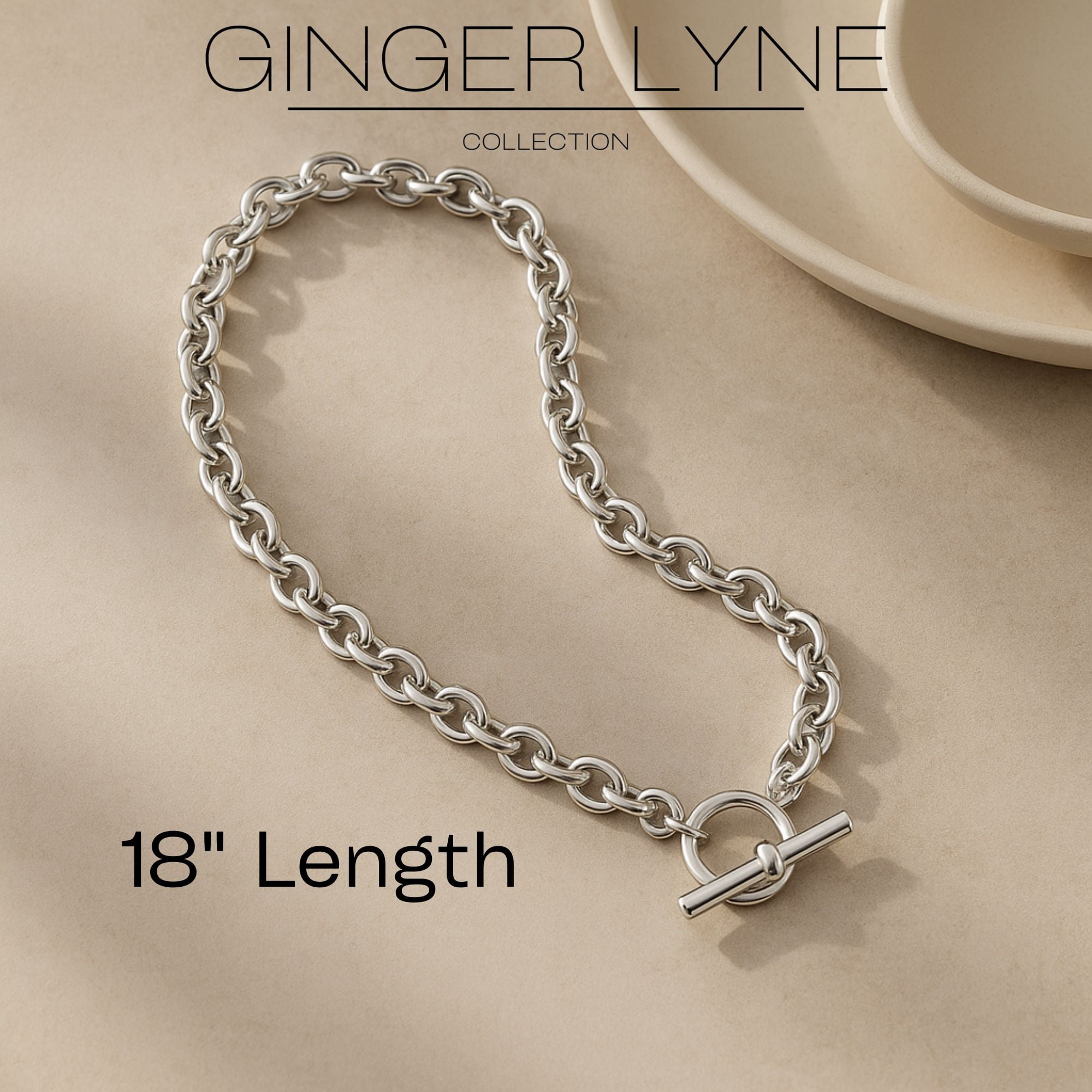 Oval Link Toggle Necklace for Women Heavy Weight 14KT Gold Plated Stainless Steel 18"Ginger Lyne Collection