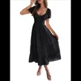 thumbnail image 3 of Vestido Midi Informal de Verano para Mujer, con Mangas , Escote en V, Fruncido y Volantes Escalonados. Negro S, 3 of 8