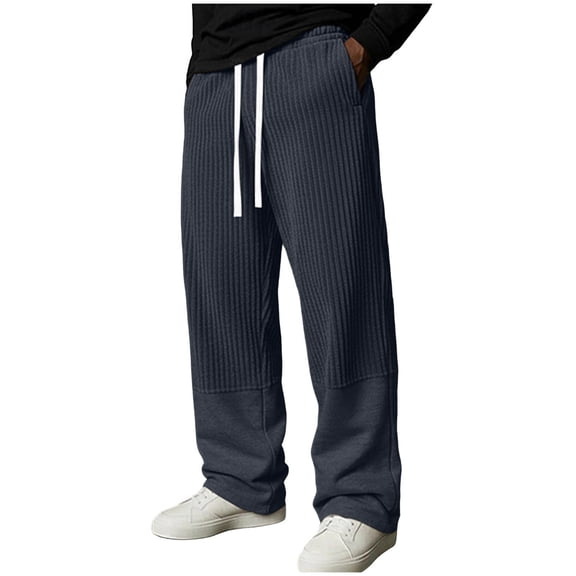 QSAWXQZ Men's Ribbed Knit Lounge Sweatpants Drawstring Elastic Waist Wide Leg Casual Pants with Pockets Navy 3XL