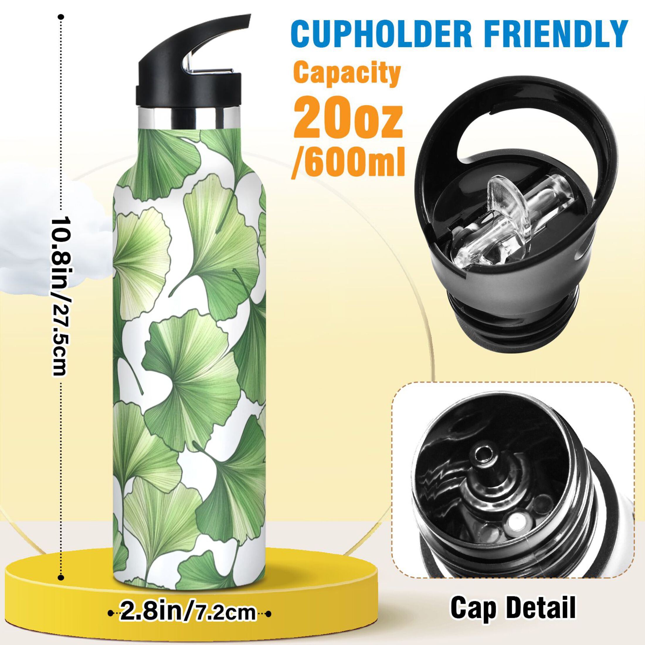 Kids Insulated Stainless Steel Sports Water Bottle 600ml (20oz) Green Ginkgo Biloba