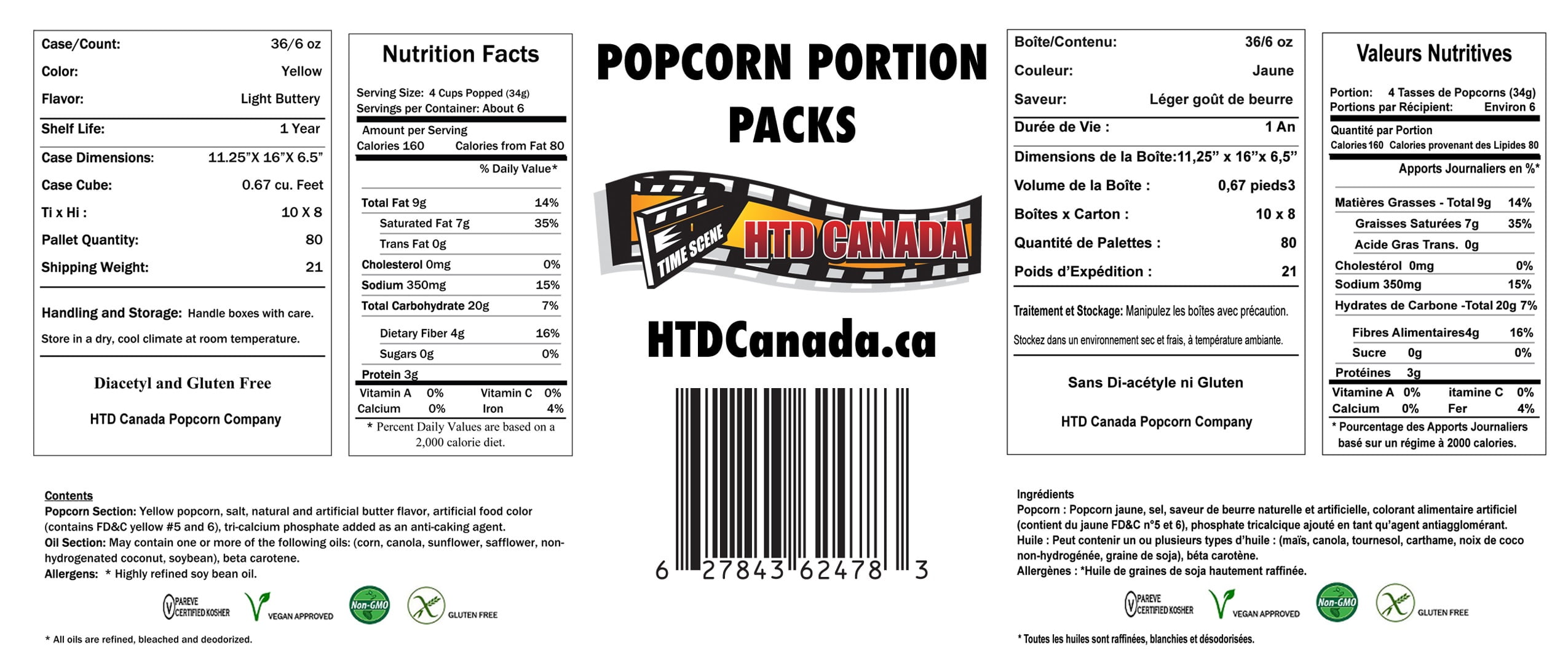 6 oz HTD Canada Popcorn Company Authentic Theater Popcorn Portion Packs