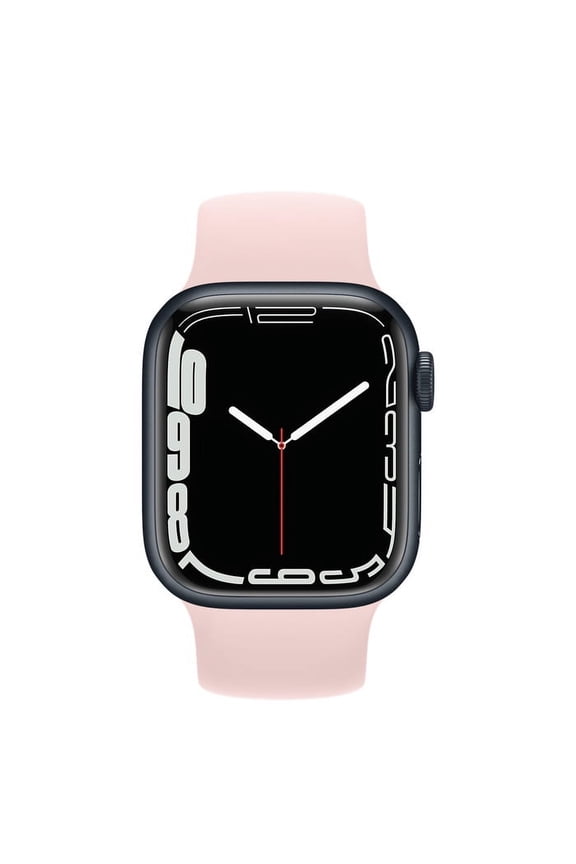 Pre-Owned Apple Watch Series 7 GPS + Cellular 45mm Smart Watch, 18 Hour Battery Life, Midnight Aluminum Case with Pink Sport Band, 1 Each