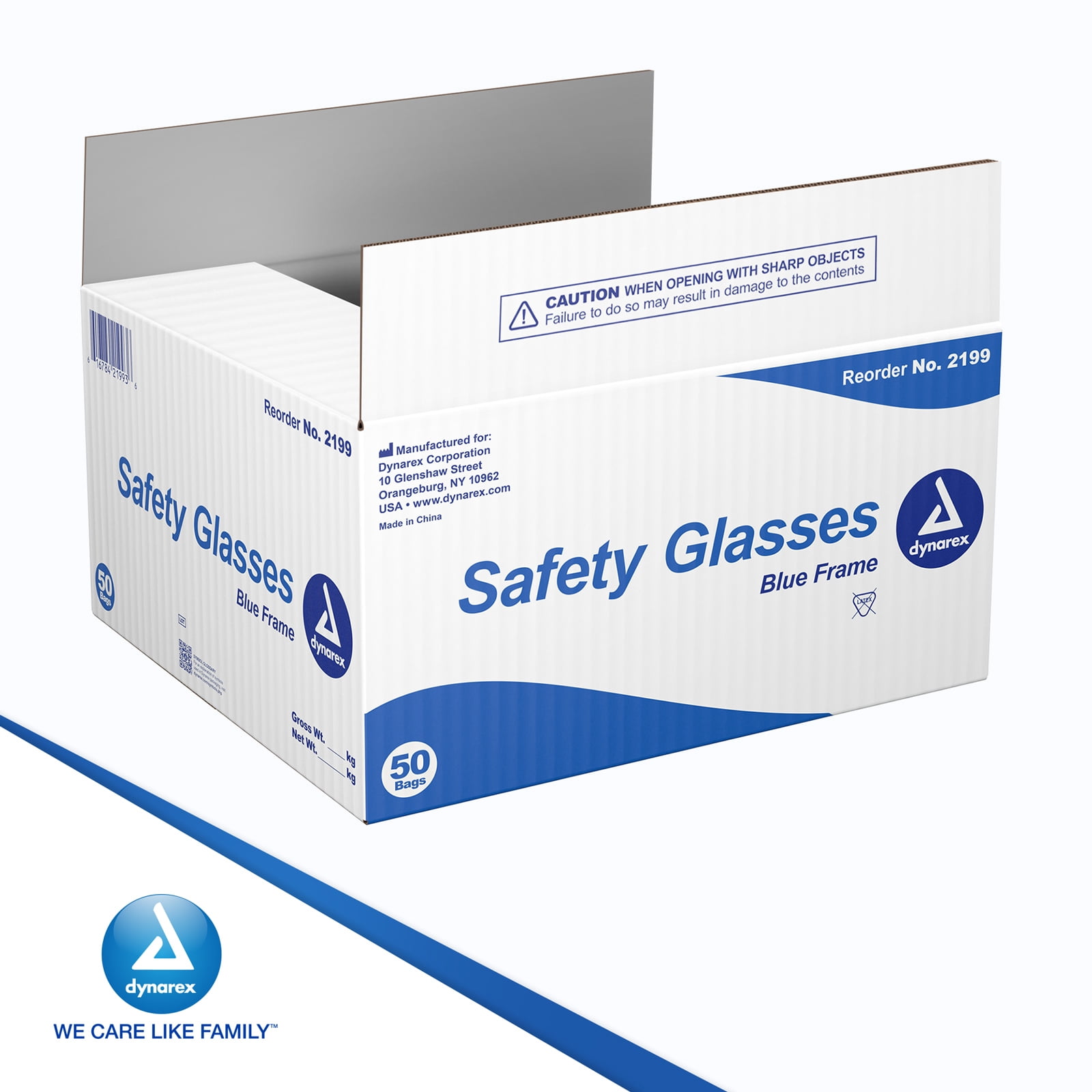 Dynarex Safety Glasses - Eye Protection for Medical, Dental, Lab Use - Shields Eyes From Dust, Chemical & Particles - Wraparound Frames, Wide-View Optical Lens, Short Side Shields - Blue, 50-Count