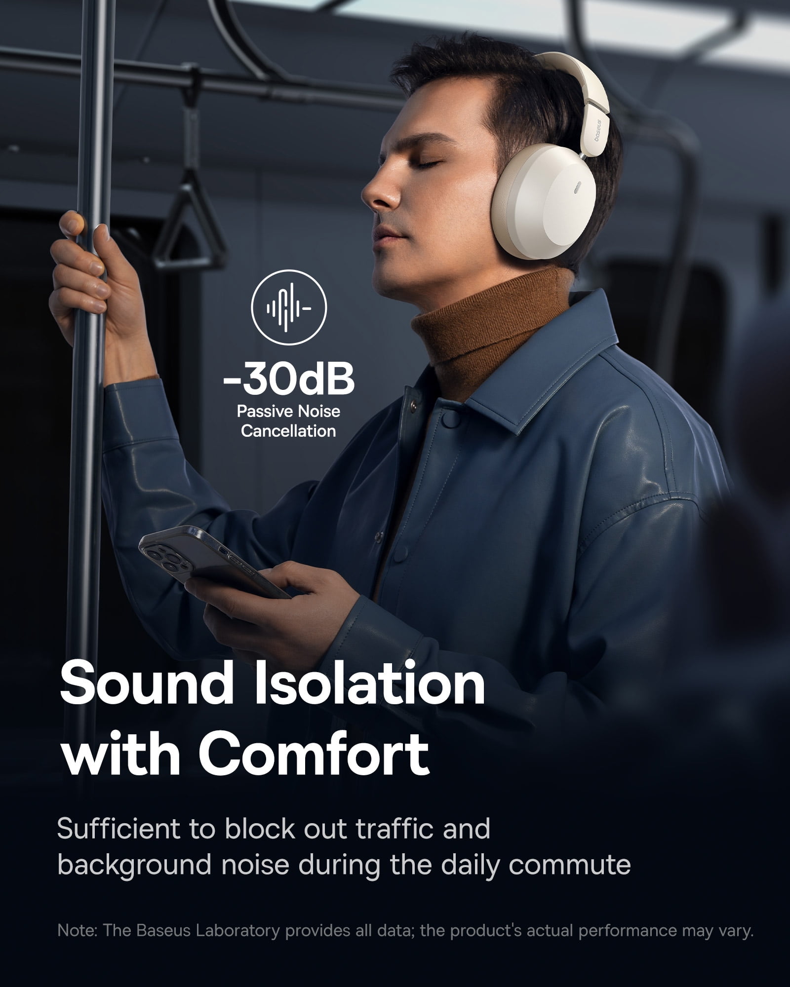 Baseus Over Ear Headphones Bluetooth 5.3 50H Playtime Foldable Wireless Headphone, White