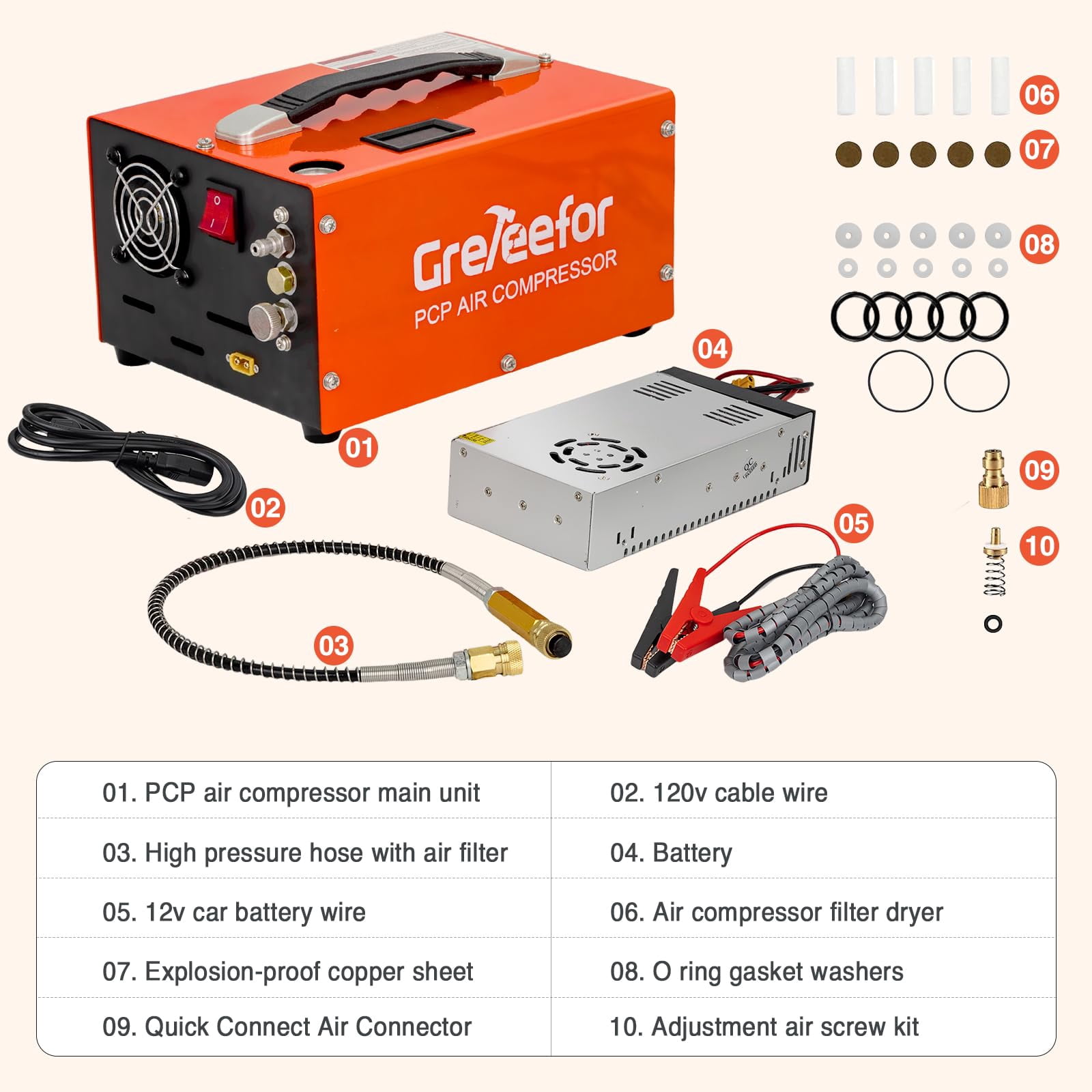 Greteefor PCP Air Compressor, Built-in 600W Adapter, 4500Psi/30Mpa, 350W Motor, 12V DC or 110V/220V AC Power, Auto Stop, Water/Oil free &Cooling Fan for Air Rifle, Paintball, HPA Tanks LightWeight