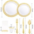 thumbnail image 2 of 350 Piece Disposable Plastic Dinnerware set. Gold Lace Design Plastic Plate include 50 Dinner Plates -50 Dessert Plates - 50 Gold Silverware - 50 Gold Cups - 50 Napkins for Wedding Party, 2 of 5