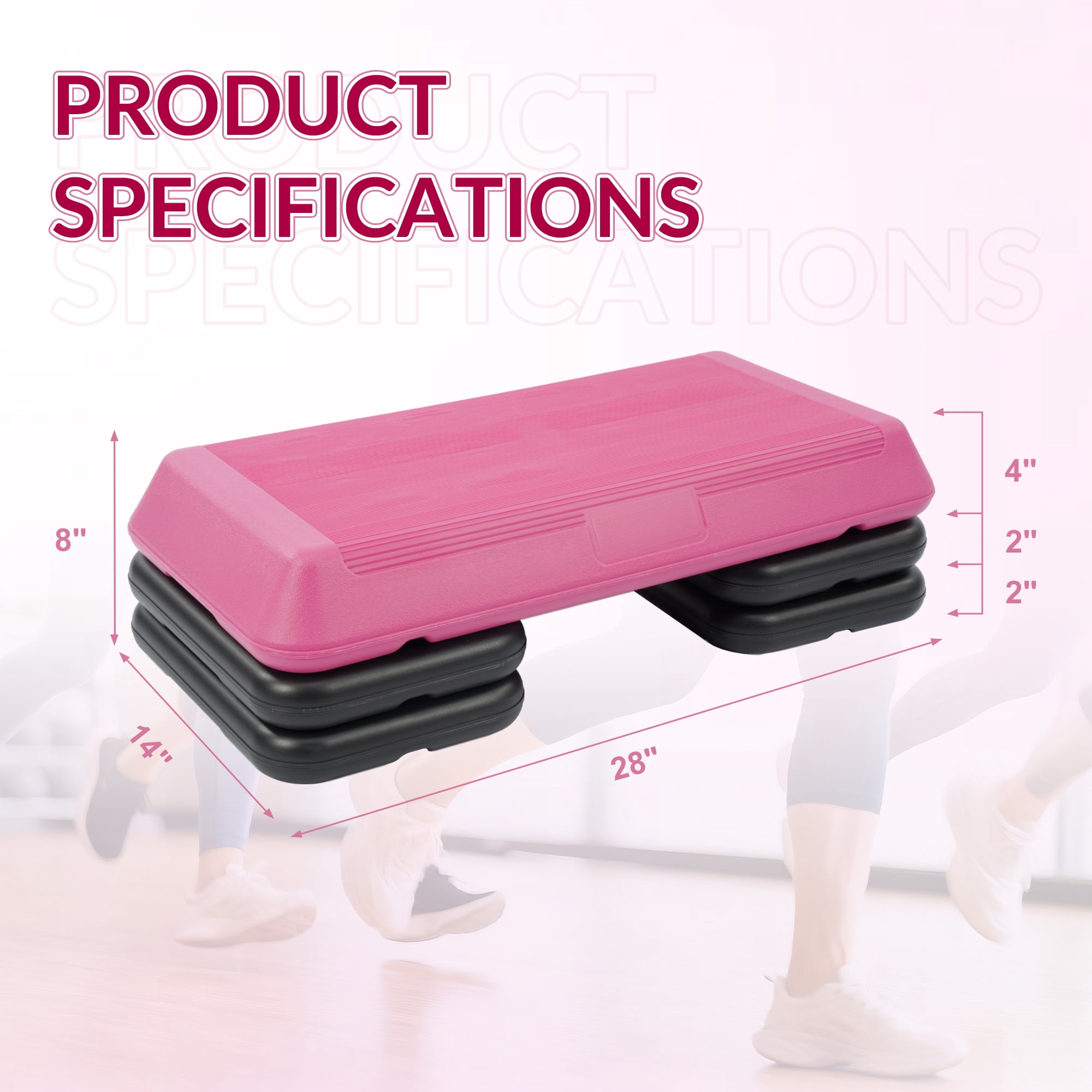 Signature Fitness Adjustable Aerobic Step Platform with 4 Risers, Non-Slip Stepper for Home Gym Workouts – 16", 28", 43", Pink/Blue/Gray