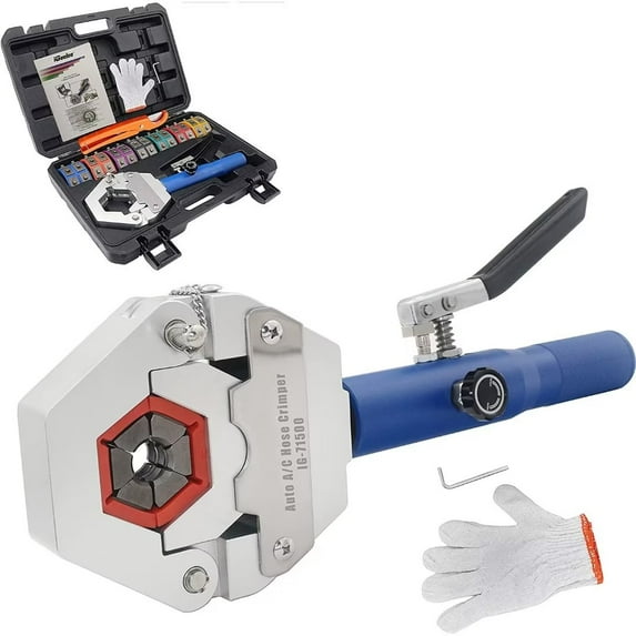Hydraulic Hose Crimper AC Crimping Tool for Barbed and Beaded Hose Fittings, Air Conditioning Repaire Ac Hose Crimper with 7 Die Set