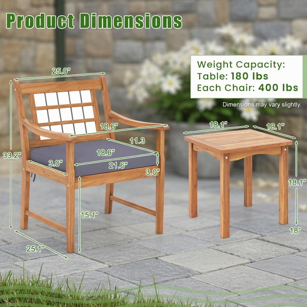 Hommoo 3-Piece Acacia Wood Patio Furniture Set, Cushioned Outdoor Chairs + Matching Coffee Table for Backyard, Poolside & Balcony, Gray