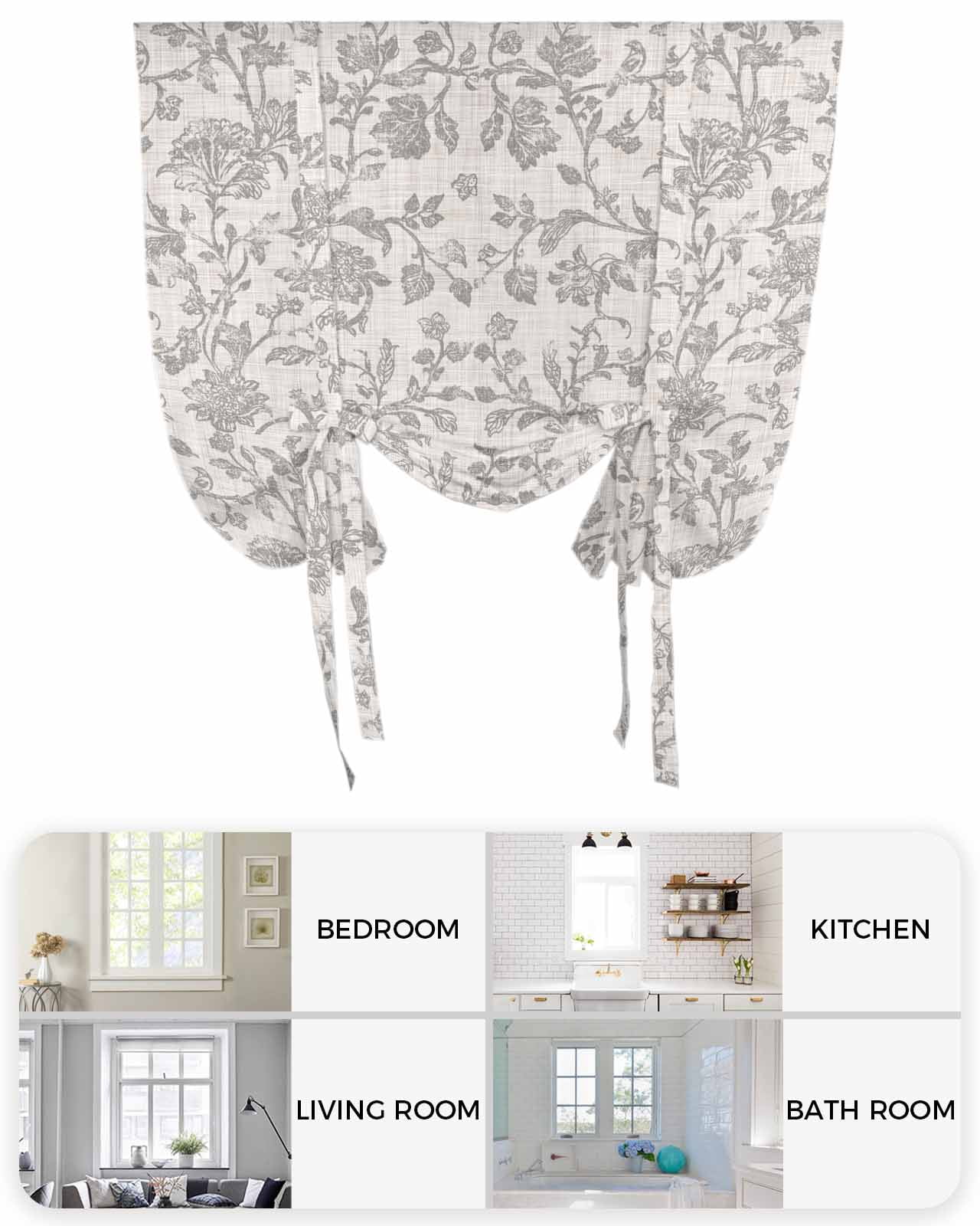 Farmhouse Flower Tie Up Curtains for Window, Thermal Insulated Balloon Shade Adjustable Rod Pocket Curtains Valance Panels for Kitchen Bathroom Cafe 52 x 45 Botanical Vintage Grey Leaf Plant