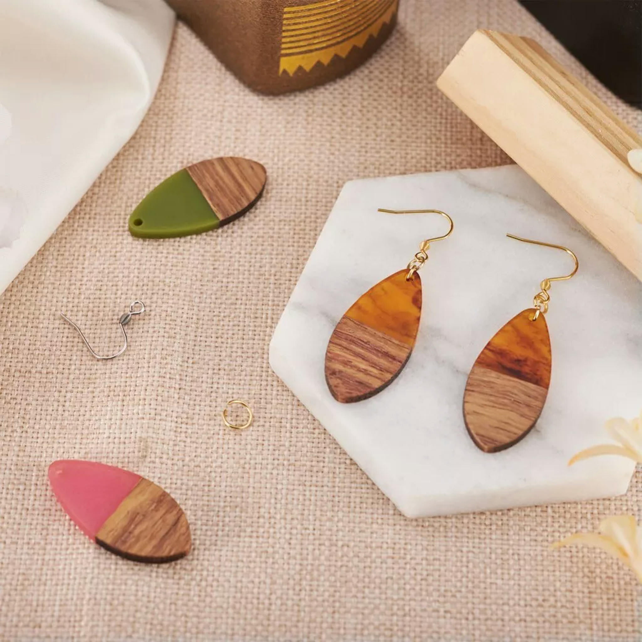 U8MO 1 Box Resin Wood Pendants Earring Hooks DIY Teardrop Dangle Earrings Making Kit