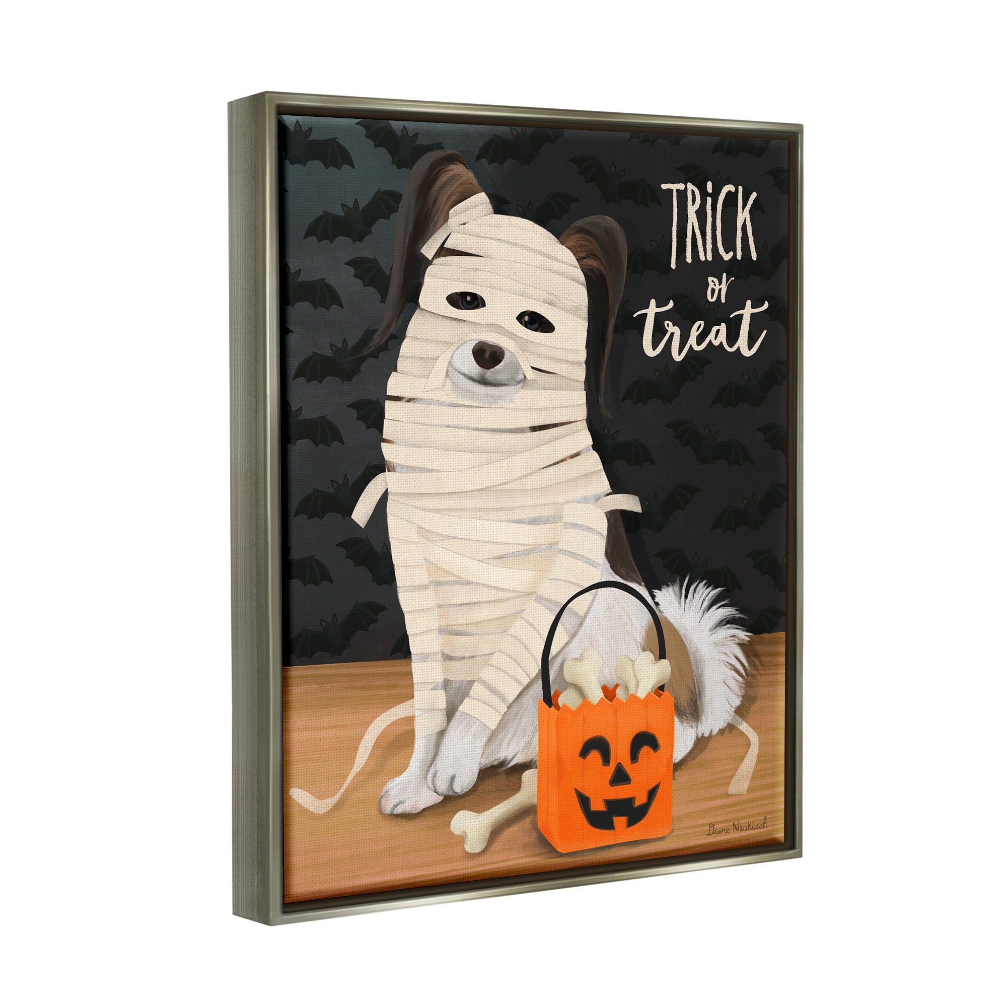 Stupell Industries Dog Wearing Mummy Costume Trick or Treat Halloween Graphic Art Luster Gray Floating Framed Canvas Print Wall Art, Design by Diane Neukirch