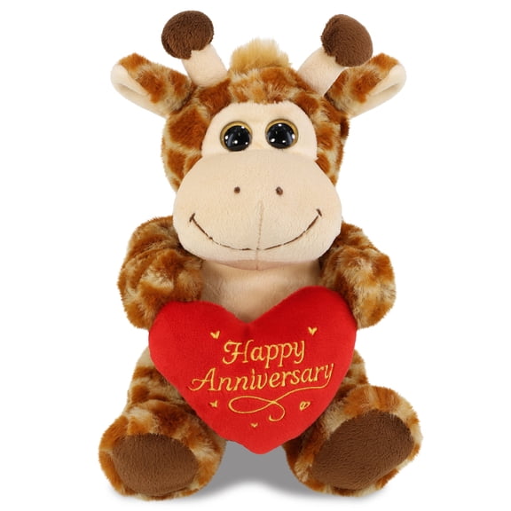 DolliBu Sitting Giraffe Stuffed Animal with Happy Anniversary Red Heart Plush - Soft and Cuddly Wildlife Animal Giraffe Plush Toy Gift for Couples or Friends - 9 Inches