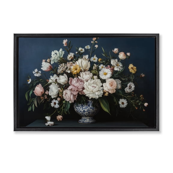 Stupell Industries Victorian Moody Blue Floral Vase Black Floating Frame Canvas Art, 25 x 17, by Petals Prints Design