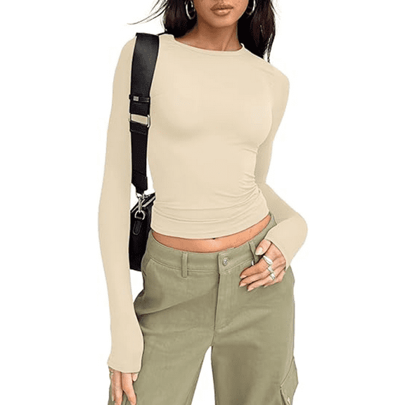 Womens Long Sleeve Shirts Basic Spring Crop Tops Fall Fashion Layering Slim Fitted Y2k Tops Apricot XS