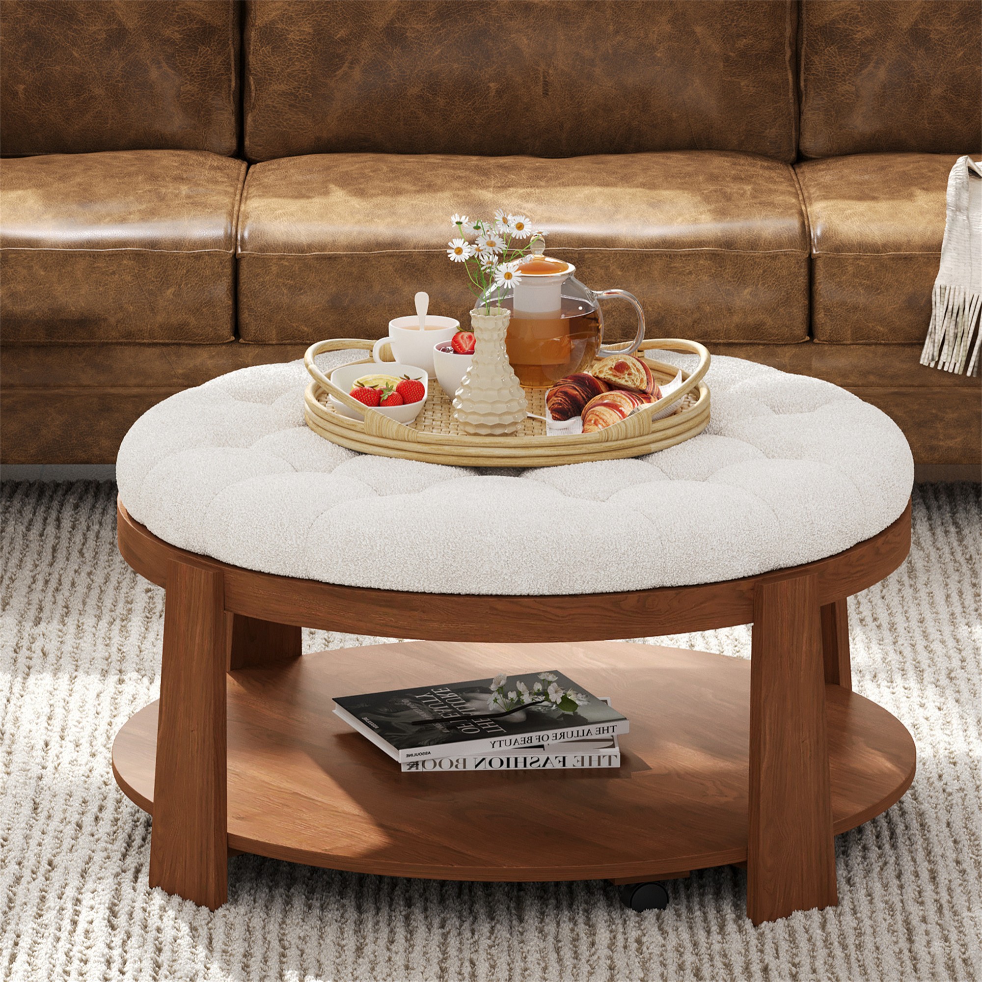 Leumius Coffee Table,2-Tier Round Oversized Button Tufted Ottoman with Wood Shelf Storage for Living Room,Ivory White