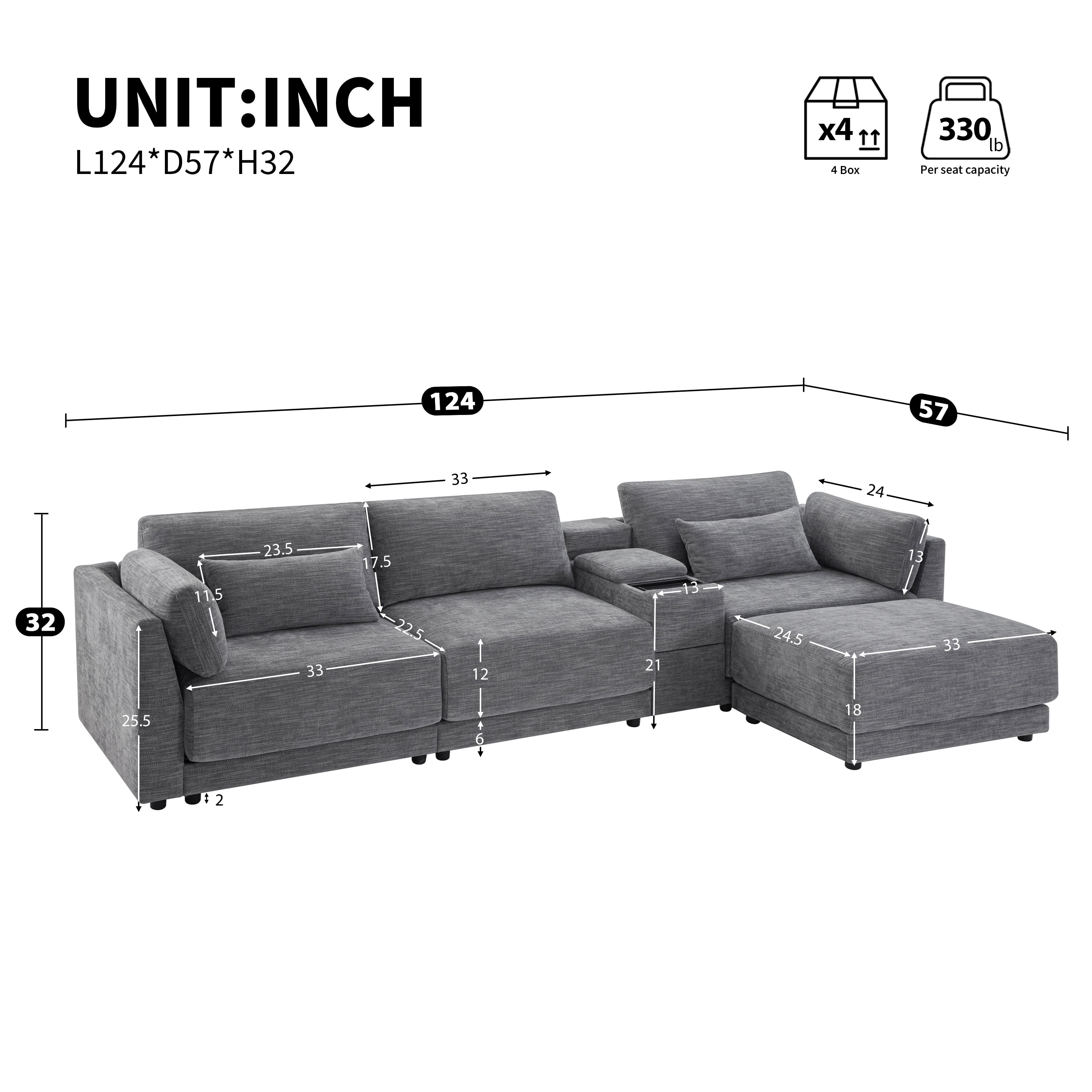 Sectional Sofa, L Shaped Couch, 4-Seat Sofa with Multi-Function Storage Console, Device Platform and Movable Ottoman, Wide 33 Inch Thick Cushion Chenille for Living Room, 124 Inch, Gray
