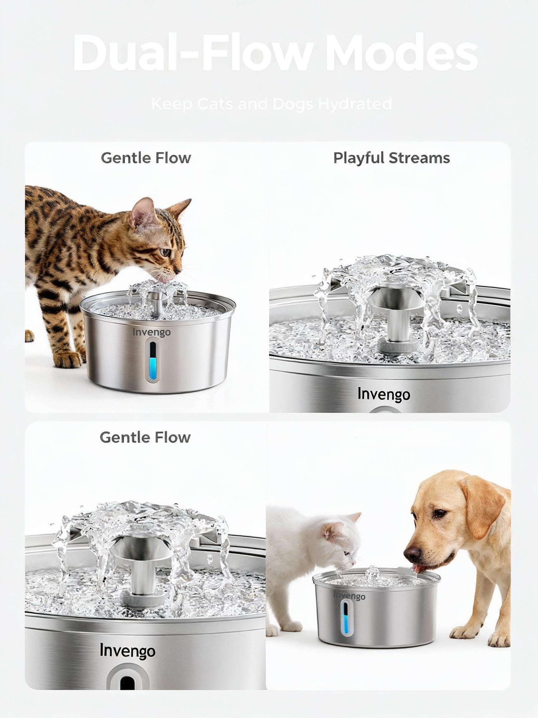 3.2L/108oz Stainless Steel Cat Water Fountain, Invengo Automatic Pet Water Dispenser with 2 Flow Modes, BPA-Free, Food-Grade Metal, Ultra-Quiet Pump for Indoor Cats &Dogs