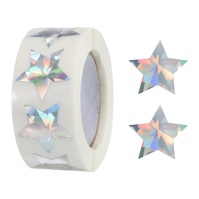 1 Rollo Laser Estrella Pegatinas 1 Pulgadas Bricolaje Adhesivo Espumosas Etiquetas para Notas, Felicitación Tarjetas, Regalo Cajas, 500 Cuenta/Rollo Plata Diamante