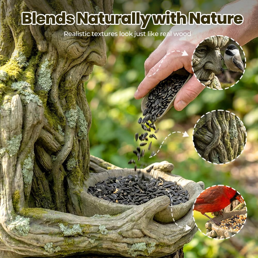 Outdoor Tree Face Bird Feeder Sculpture, Waterproof Tree-Mounted Resin Bird Feeder, Forest Guardian Style Garden Yard Art Decor for Backyard Wildlife